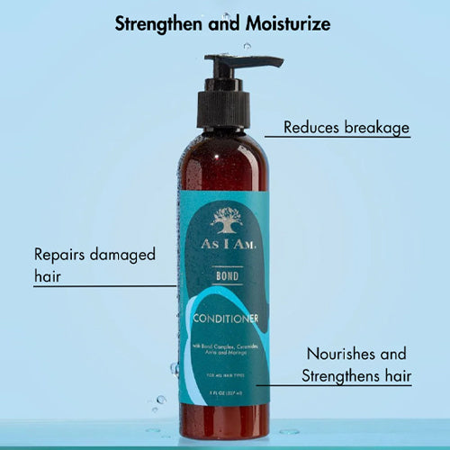 Bottle of As I Am conditioner with text highlighting its benefits on a blue background