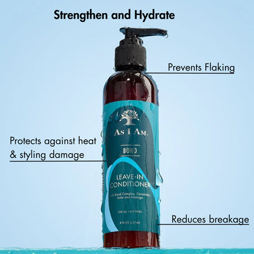 Bottle of As I Am leave-in conditioner with text highlighting its benefits on a blue background