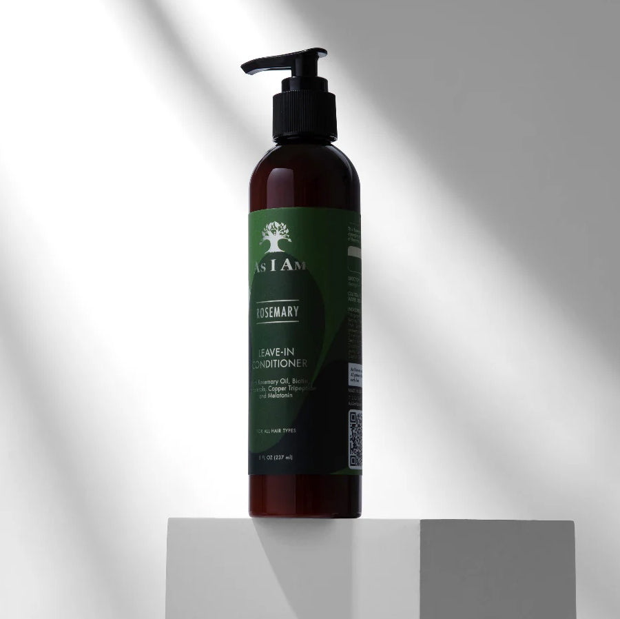 Bottle of As I Am Rosemary Leave-In Conditioner on a gray background