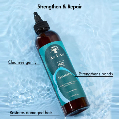 Shampoo bottle with teal label on a light blue water background