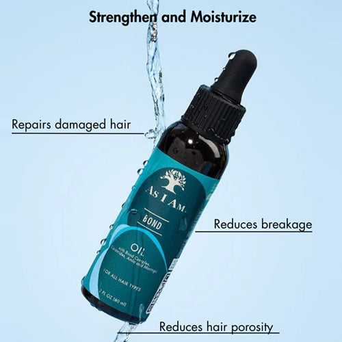Bottle of ASTIAM Bond Oil with text highlighting its benefits on a light blue background