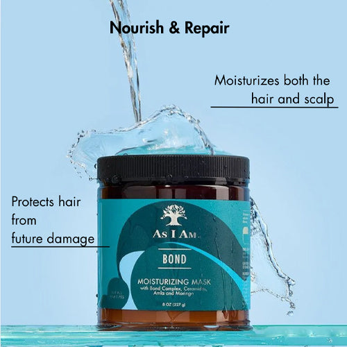 As I Am Bond moisturizing mask jar with water pouring over it on a light blue background