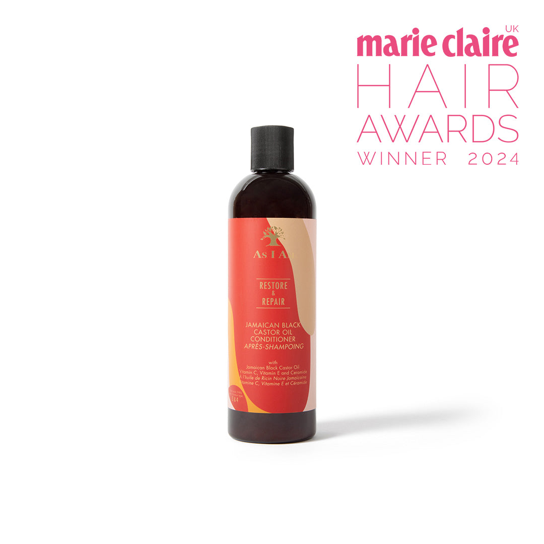 A bottle of Jamaican Black Castor Oil Conditioner with an award label stating 'marie claire HAIR AWARDS WINNER 2024'.