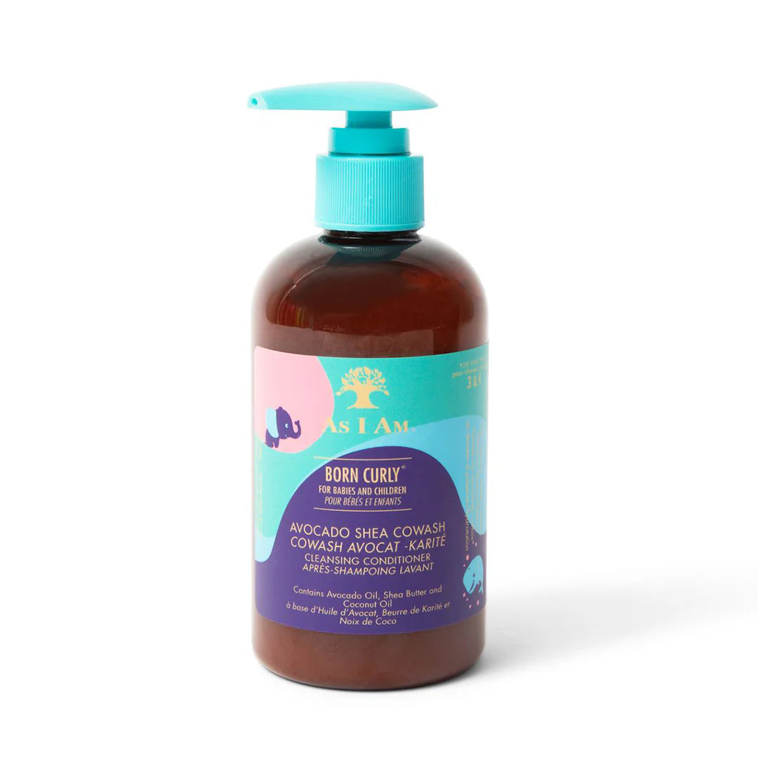 Bottle of 'Born Curly' product with a blue pump on a white background