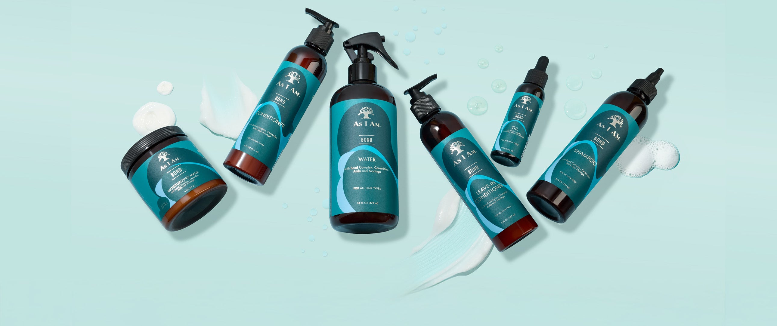 Set of skincare products with blue and brown packaging on a light blue background