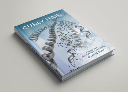 A book titled 'Curly Hair' with a blue and white cover featuring an illustration of a curly hair strand.