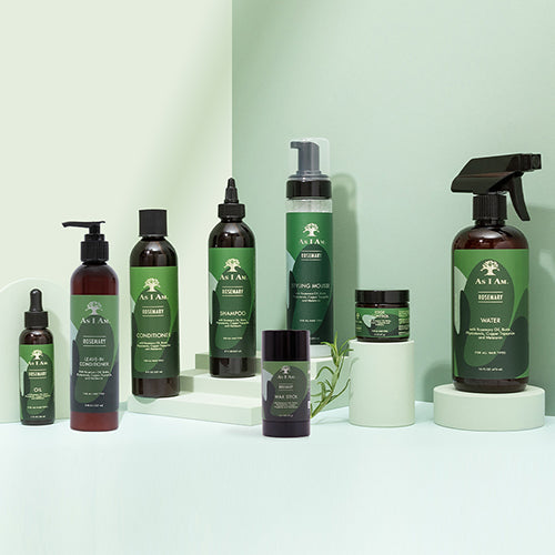 Collection of As I Am hair care products on a light green background