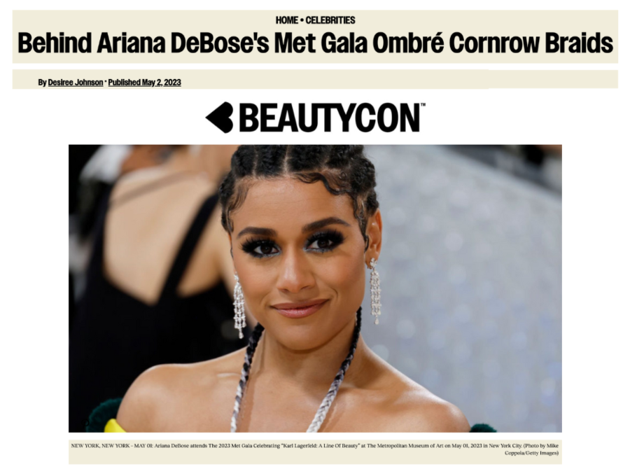 Newspaper article about Ariana DeBose's Met Gala ombré cornrow braids, featuring BeautyCon logo.