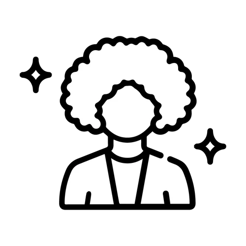 Black and white icon of a person with an afro and stars on a white background