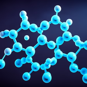 3D model of a molecular structure with blue spheres and gray bonds on a dark background