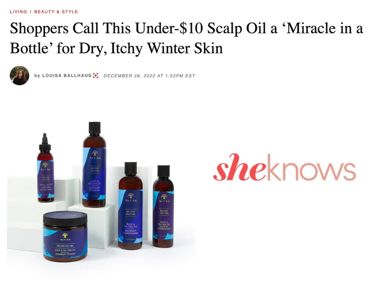 Scalp care product bottles with 'sheknows' logo on a white background