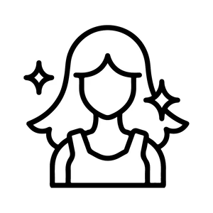 White icon of a person with long hair on a black background