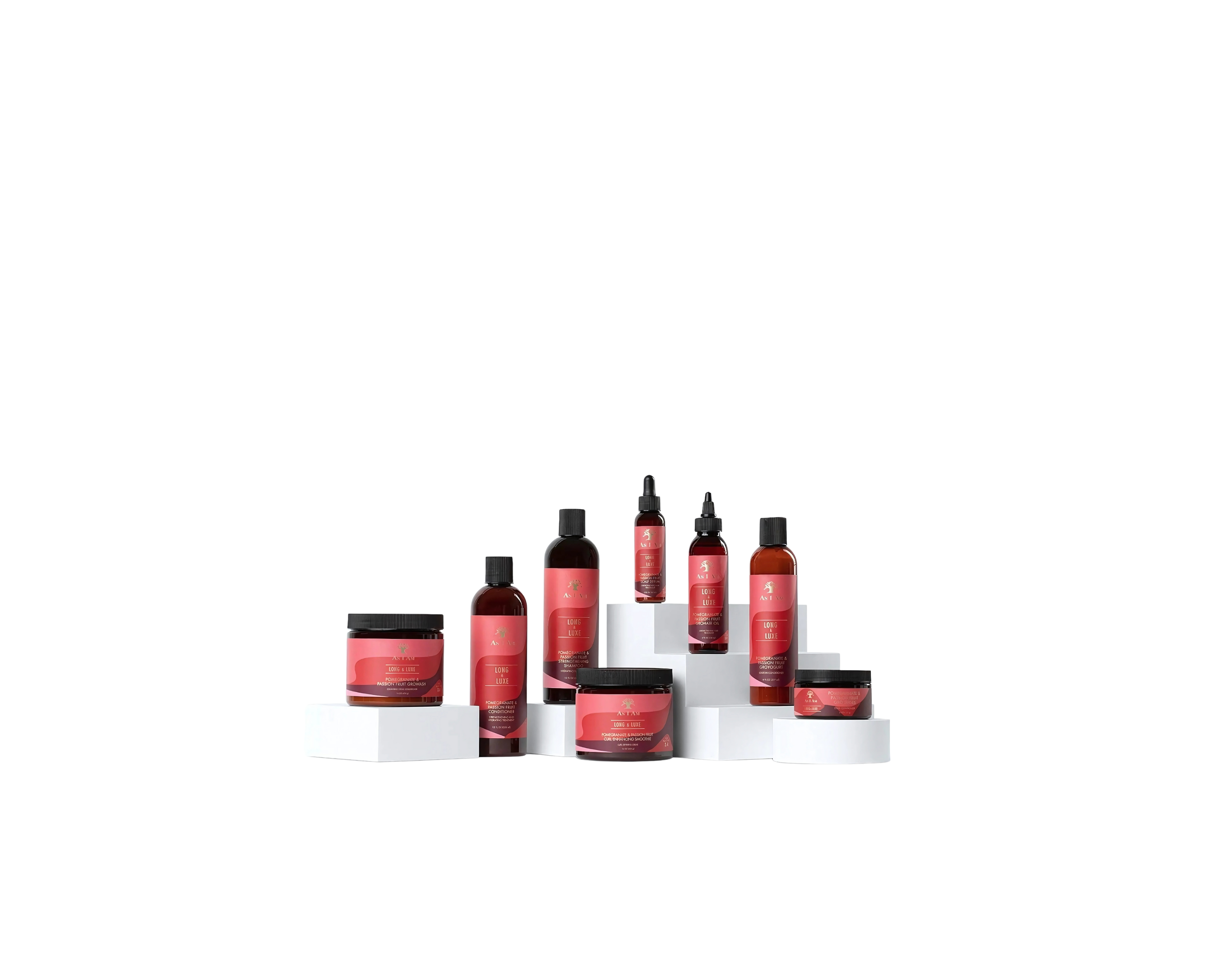 Set of red and black hair care products on a white background