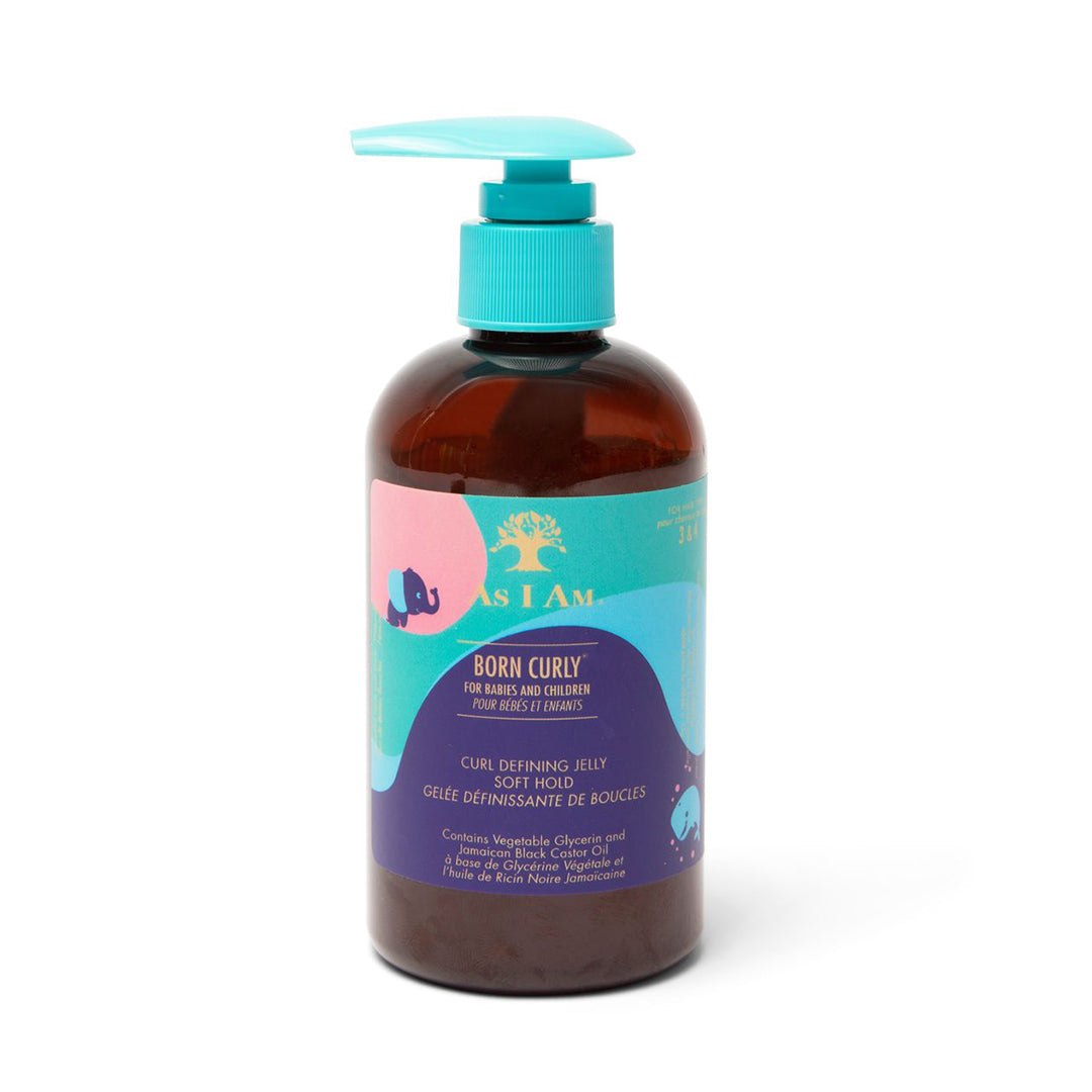 A bottle of Born Curly Argan Curl Defining Jelly with a pump dispenser, featuring a label with colorful design elements and text.