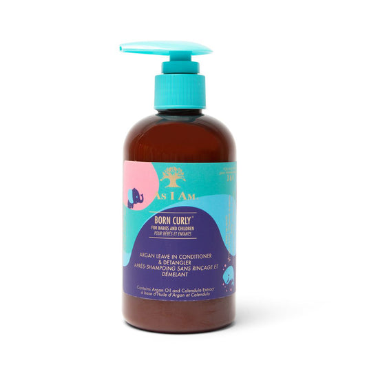A bottle of As I Am Argan Born Curly Leave-In Conditioner with a pump dispenser. The label is predominantly purple and turquoise with text and branding.