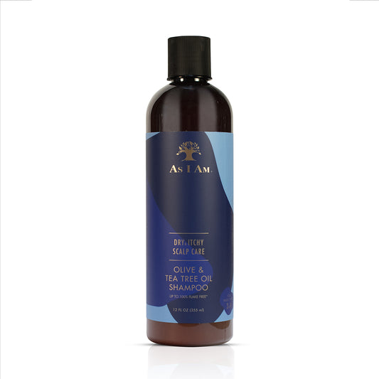 A bottle of As I Am Dry & Itchy Scalp Care Shampoo with a blue label, olive leaf illustration, and product information.