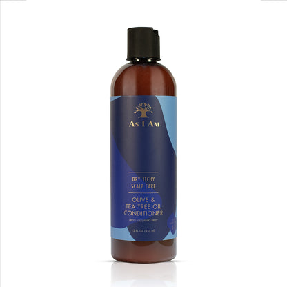 A bottle of As I Am Dry & Itchy Scalp Care Conditioner with olive and tea tree oil, designed for hair and scalp.