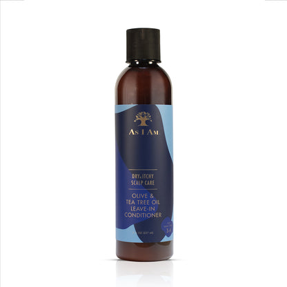A bottle of As I Am Olive & Tea Tree Leave-In Conditioner for dry and itchy scalp care.
