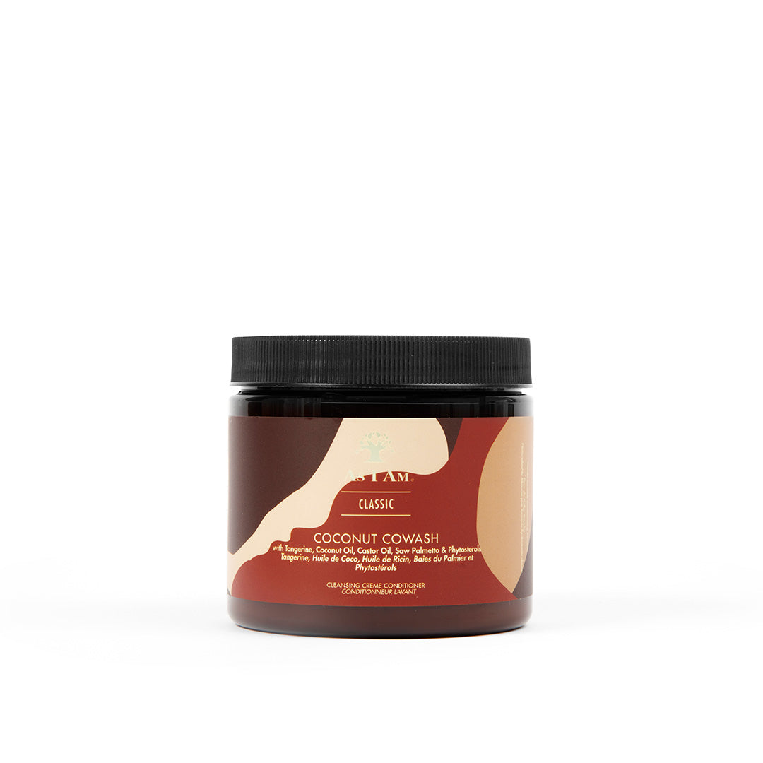 A jar of As I Am Classic Co-Wash conditioner, with a label featuring a camouflage pattern in shades of brown and beige.