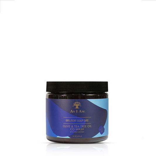 A jar of Dry & Itchy Scalp Care Co-Wash by As I Am. The jar is labeled with the product name and olive and tea tree oil as ingredients.