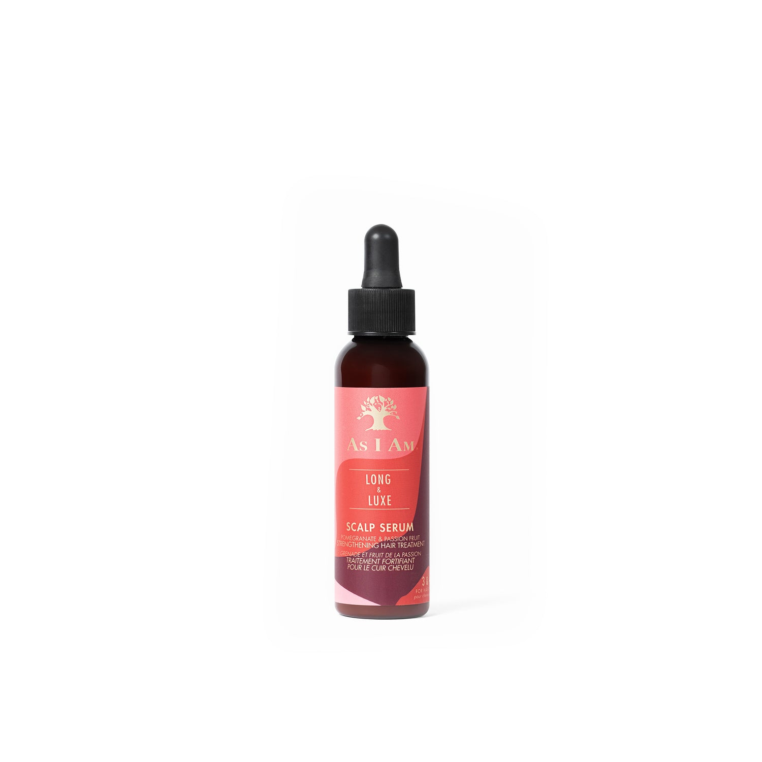A bottle of As I Am Long & Luxe Scalp Serum with a dropper cap, displaying a pink label with green leaves.
