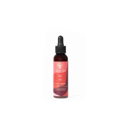 A bottle of As I Am Long & Luxe Scalp Serum with a dropper cap, displaying a pink label with green leaves.