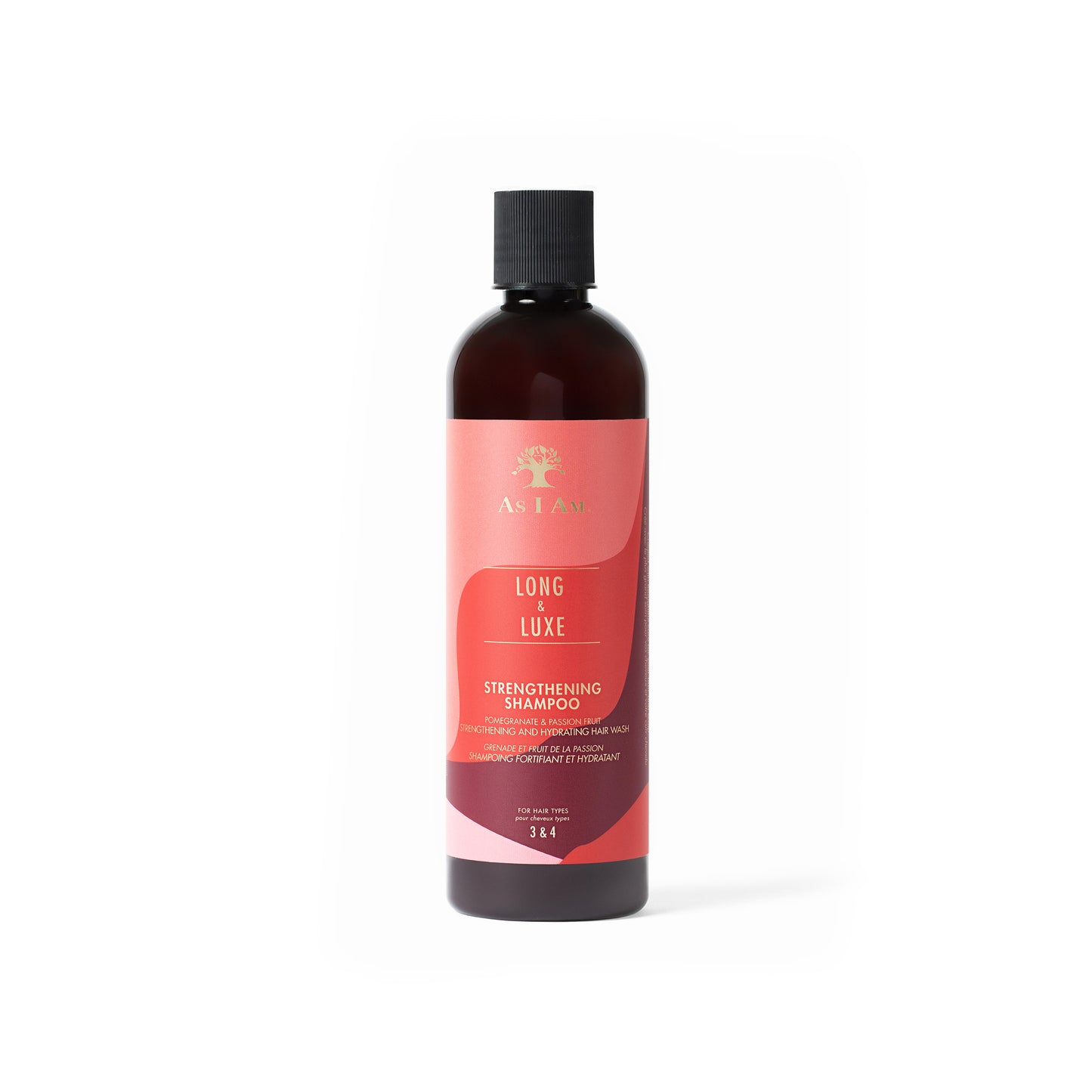 A bottle of Long & Luxe Shampoo from As I Am with a predominantly pink label and a dark cap.