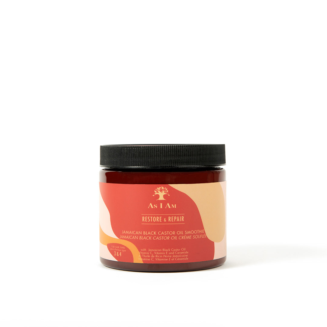 A jar of As I Am Jamaican Black Castor Oil Smoothie against a white background.