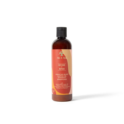 A bottle of Jamaican Black Castor Oil shampoo with a brown label and a black cap.